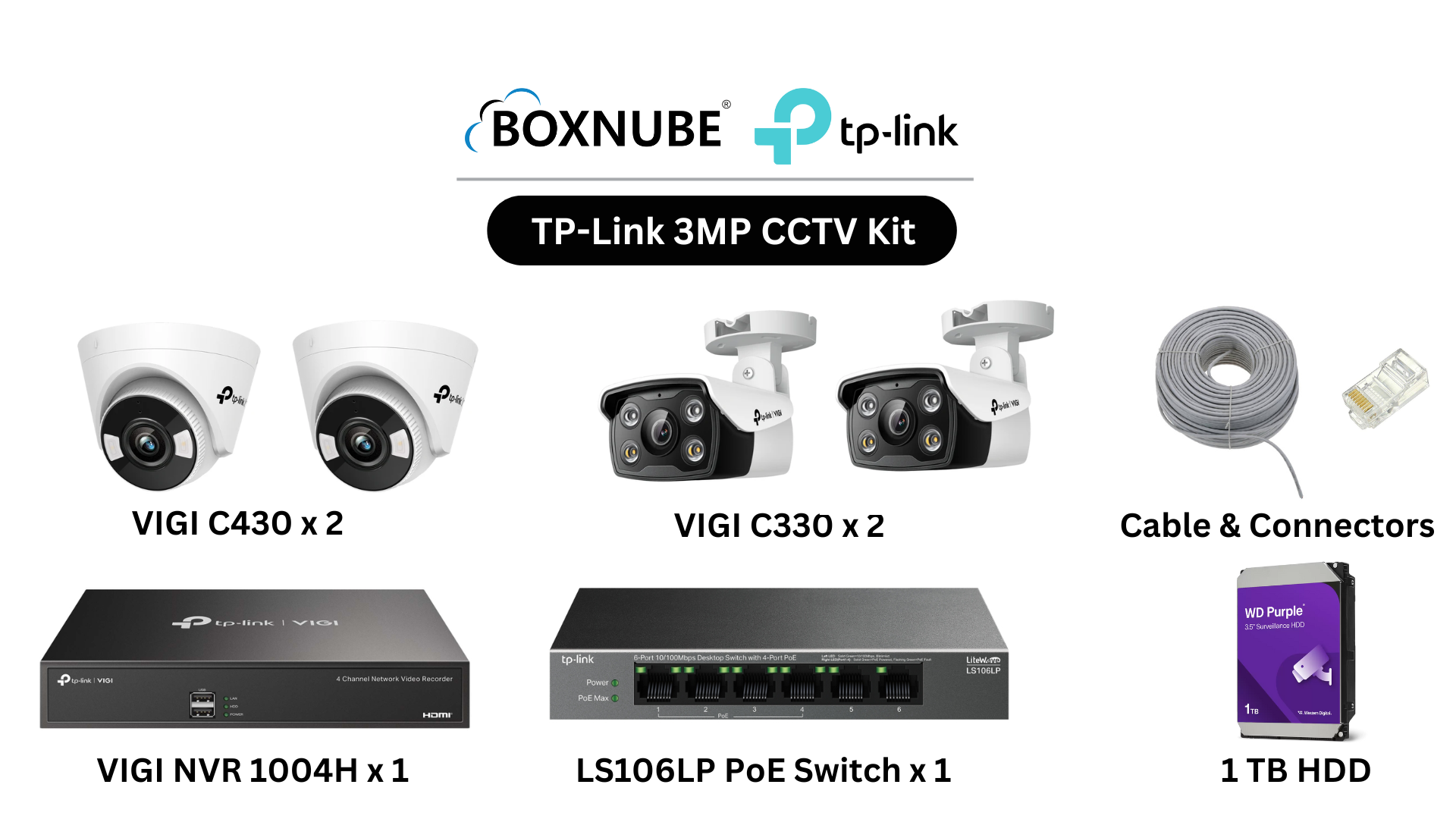 TP-Link VIGI 3MP Full HD 4 Camera Kit Bundle | 2x C330, 2x C430, 1x 4 Channel NVR, 1x 4 Port PoE Switch, 100M CAT6 Cable & RJ45 Connectors TP-Link VIGI 3MP Full HD 4 Camera Kit Bundle | 2x C330, 2x C430, 1x 4 Channel NVR, 1x 4 Port PoE Switch, 100M CAT6 Cable & RJ45 Connectors
